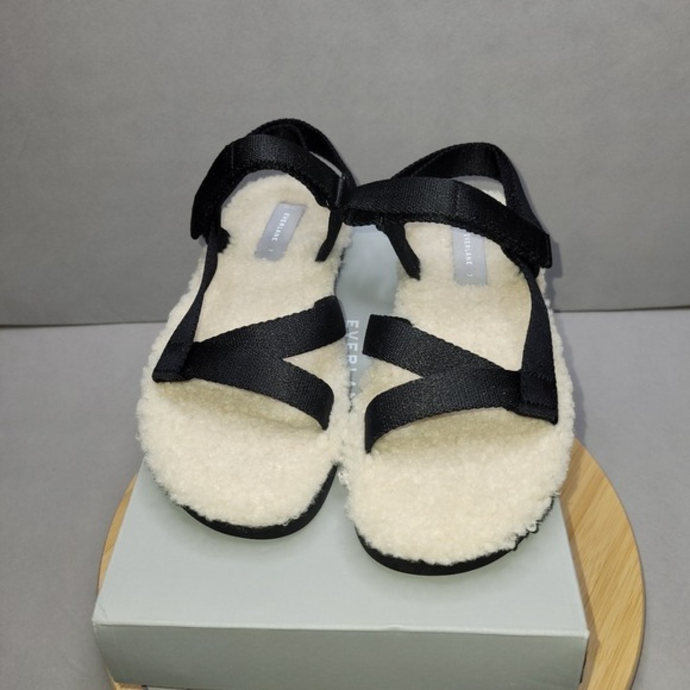 NIB Everlane Women's Teddy Sandal Sport Black Faux‎ Sherpa Lined Size 7 Shoe
